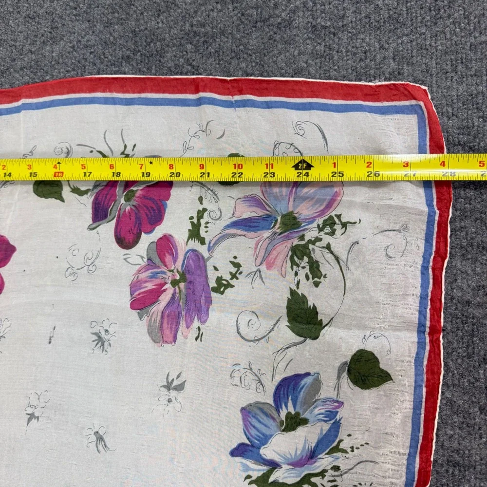 Vintage Floral Handkerchief Scarf White Pink Blue Anemone Flower Red Blue Border